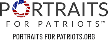 Logo of Portraits for Patriots with the text "PORTRAITS FOR PATRIOTS" and the website "PORTRAITSFORPATRIOTS.ORG". The letter "O" in "PORTRAITS" includes a U.S. flag design.