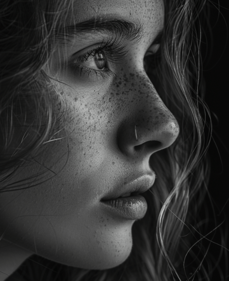 A detailed black and white side profile close-up of a young woman's face with freckles and wavy hair, showcasing the art of profile photography.