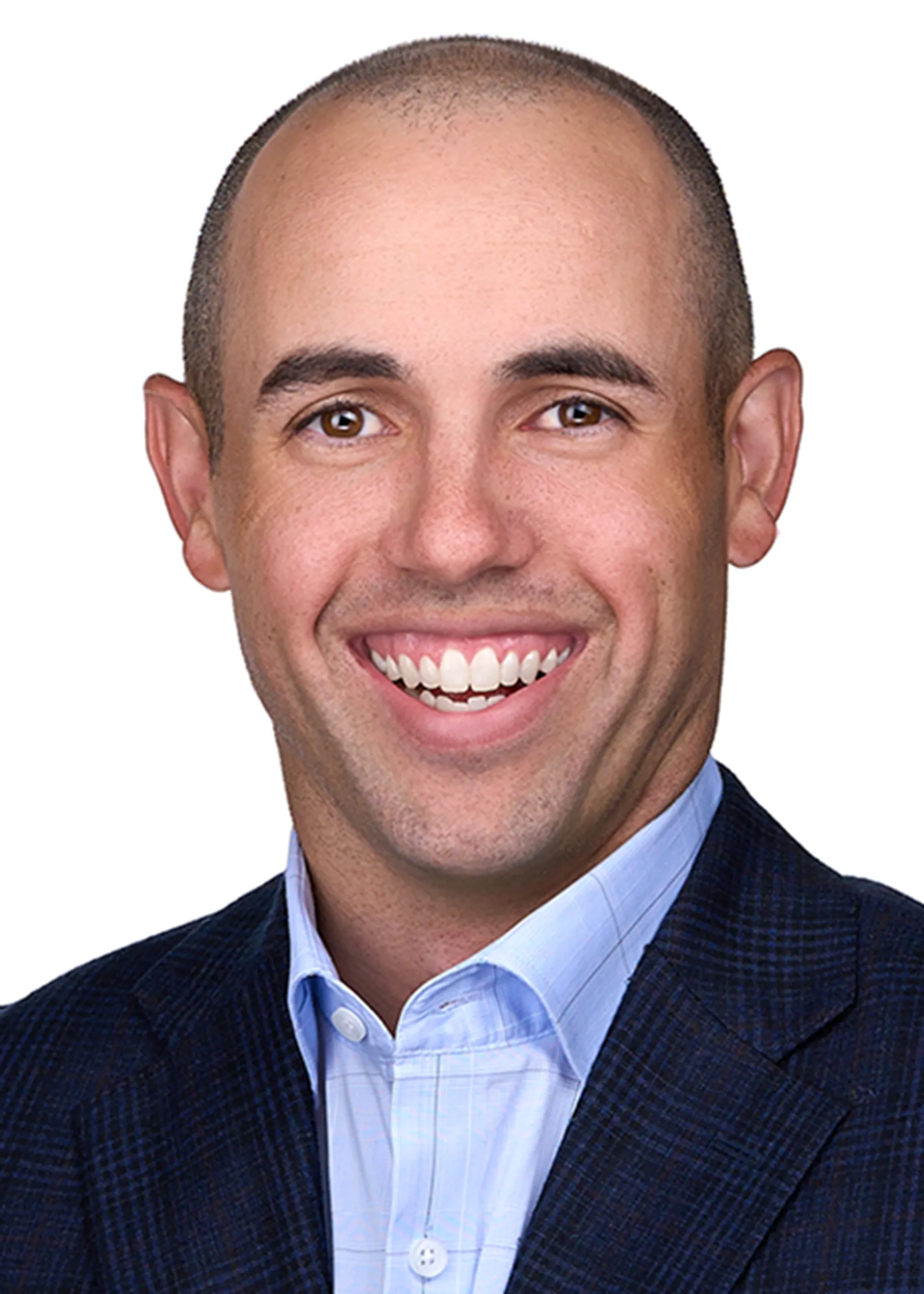 A businessman dressed in a blue suit and light blue shirt is adding a professional headshot to his portfolio in order to grab the attention of his target audience in Raleigh Nc.