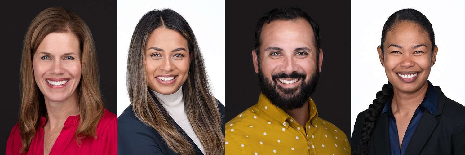 Four adults pose for professional headshots against plain backgrounds, each smiling warmly in attire chosen for the session by the photographer.